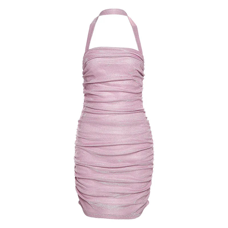 Mqtime Spring Summer Mesh Halter Ruched Bodycon Women Ladies Sexy Backless Evening Party Dress Fashion Shiny Female Mini Dress Clubwear
