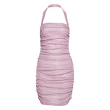Mqtime Spring Summer Mesh Halter Ruched Bodycon Women Ladies Sexy Backless Evening Party Dress Fashion Shiny Female Mini Dress Clubwear