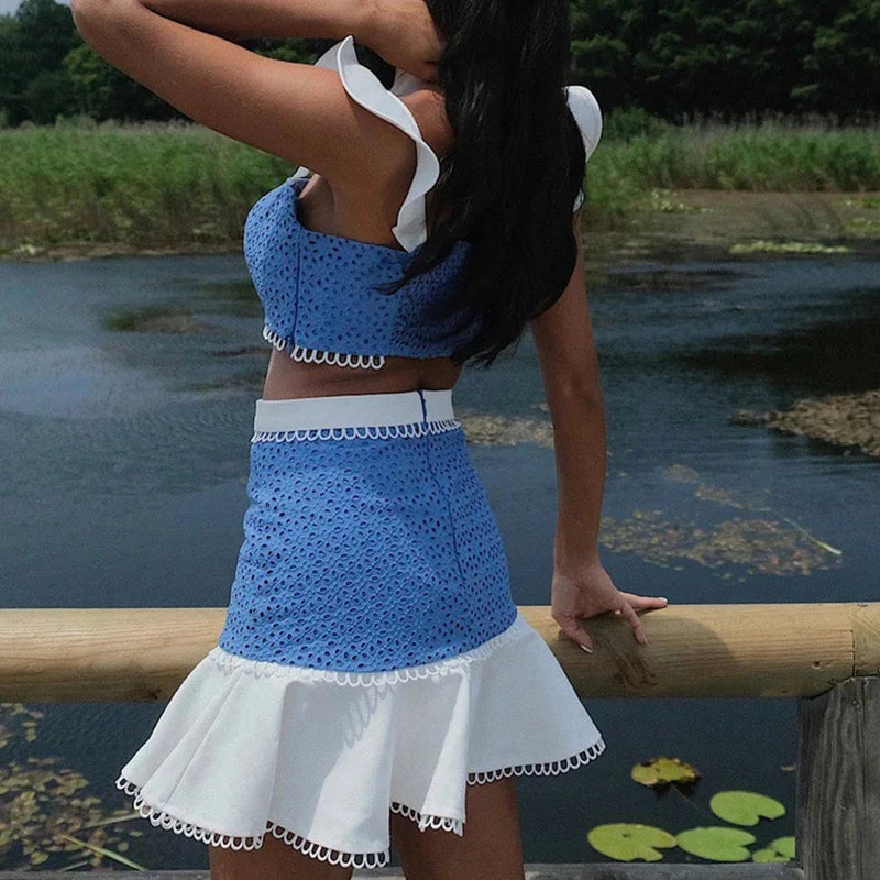 MQTIME  -  Women New Flying Sleeve Cropped Tops&Mini Skirts Set 2025 Summer Contract Color Two Piece Vacation Outfit Female Lace Slim Suit