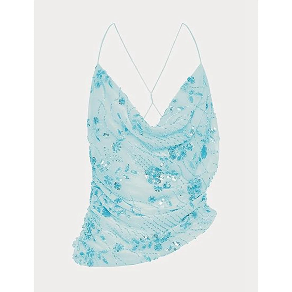 MQTIME  -  Women Summer Flower Embellished Sequin Beading Camisole Top Cowl Neck Thin Straps Open Back Asymmetrical Hem Vest