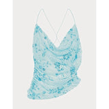 MQTIME  -  Women Summer Flower Embellished Sequin Beading Camisole Top Cowl Neck Thin Straps Open Back Asymmetrical Hem Vest