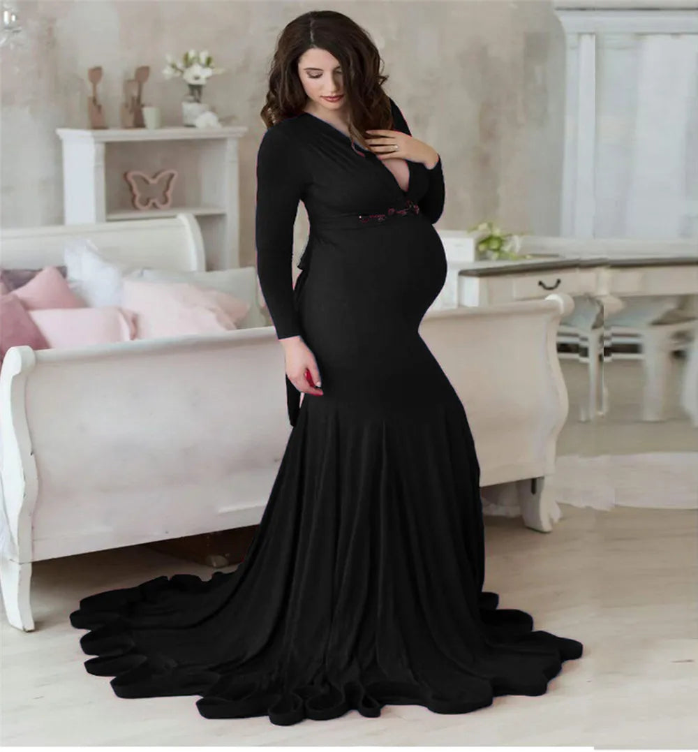 MQTIME  -  Sexy Maternity V-neck Dresses Photography Long clothing Pregnancy Shoot Maxi Gown For Baby Showers Pregnant Women Photo Props