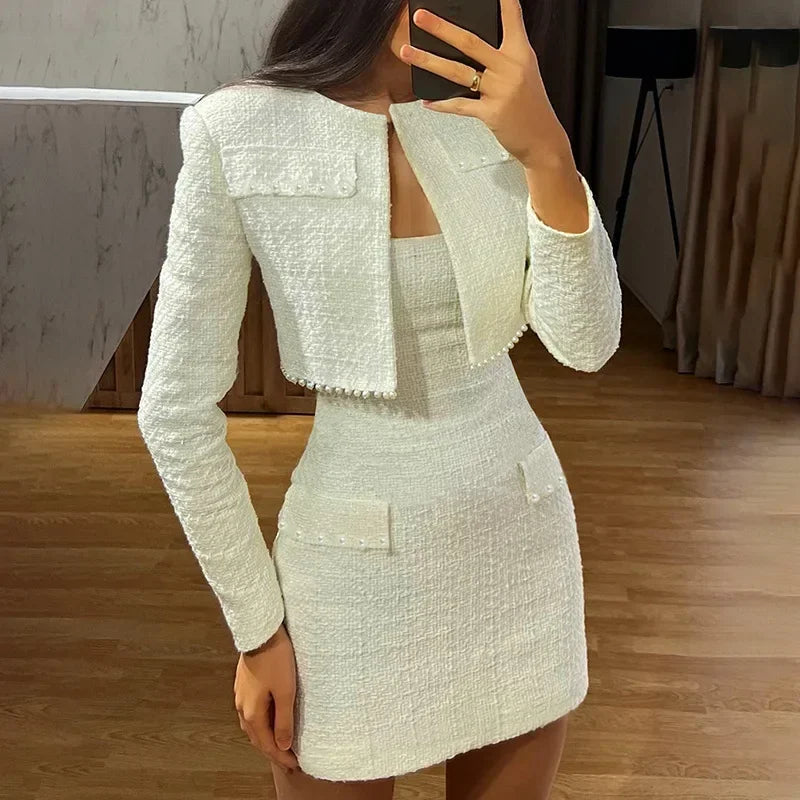 MQTIME  -  Y2k Pearl Dress Sets Women Autumn Long Sleeve Coat And Mini Dress Two Piece Sets Femme Sexy Strapless Dress Matching Sets