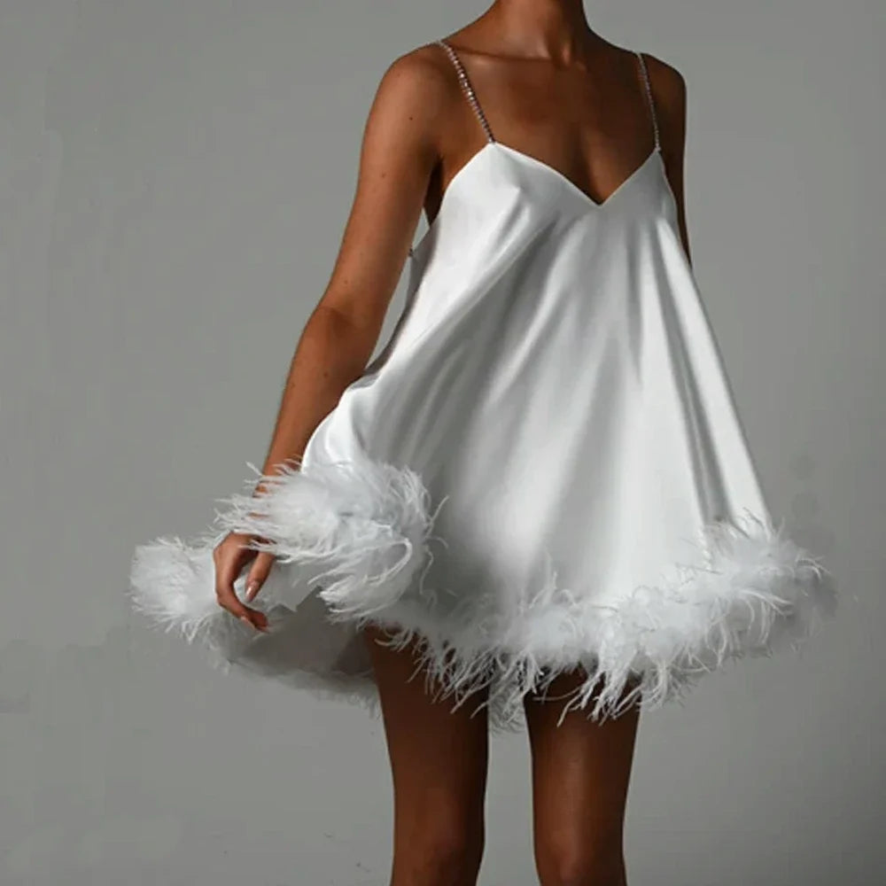 MQTIME  -  Women Solid Color Feather Trim V-Neck Chain Spaghetti Straps Sling Mini Dress Summer Sleeveless Backless vestido