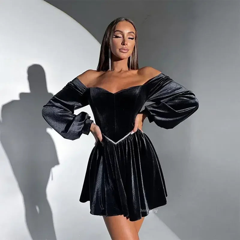 MQTIME  -  Sexy Velvet Strapless Short Party Dress Women Off Shoulder Long Sleeve Bandage Dresses 2025 Autumn New Lady Christmas Vestidos