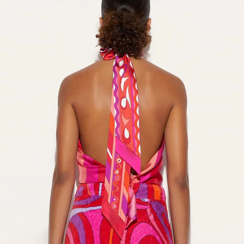 MQTIME  -  Sexy Halter Lace-Up Tops & Short Pant Outfits Women Elegant Sleeveless Vacation 2Pc Suit Fashion Pattern Print Slim Summer Sets