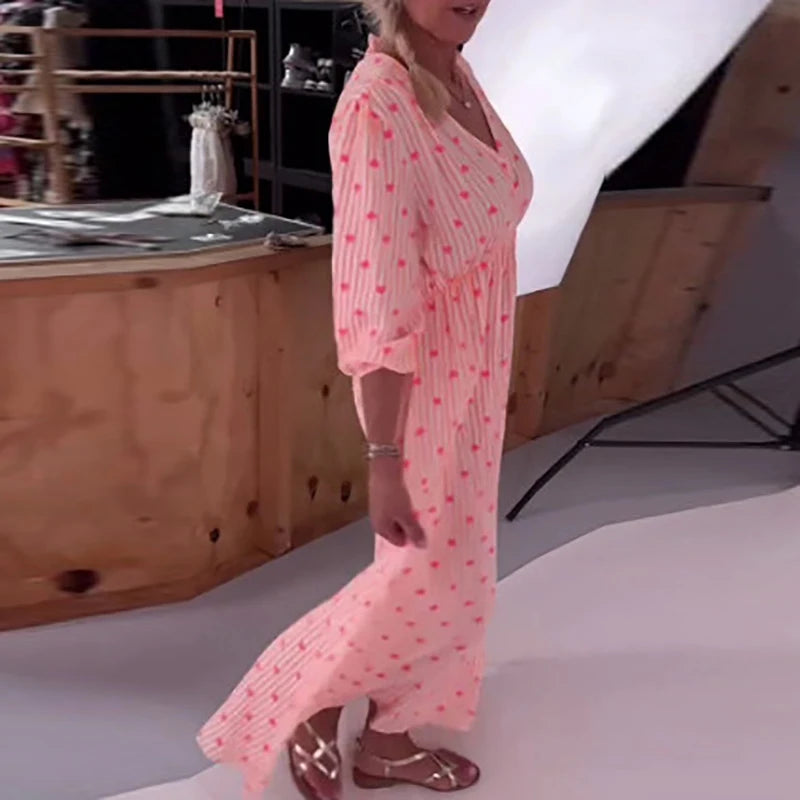 MQTIME  -  Fashion Heart-shaped Print Party Dress Sweet Girl Loose Lantern Sleeve Pleated Evening Dress Casual Simple Women Commute Dress