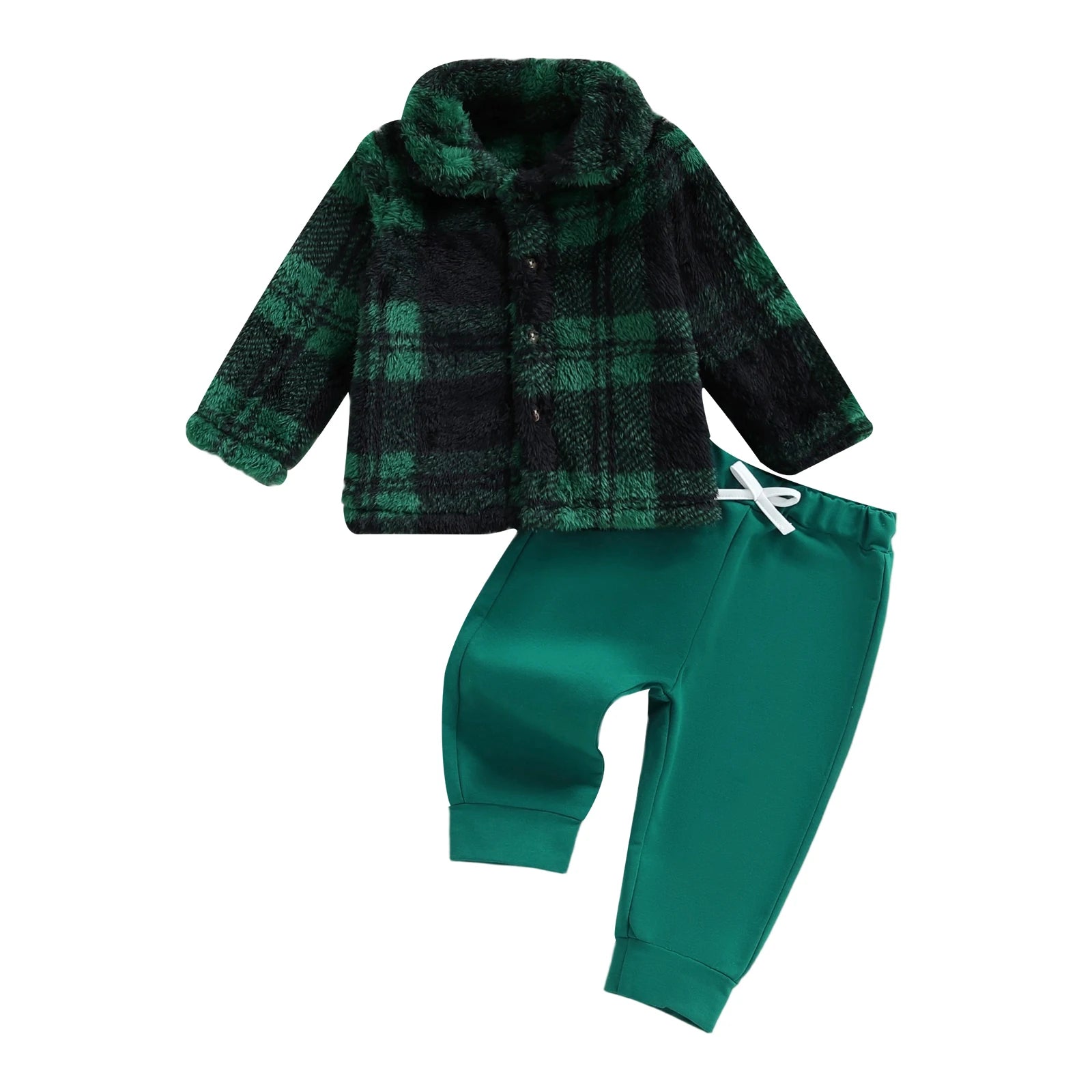MQTIME  -  Infant Winter Clothes Set Warm Plaid Fleece Lapel Neck Button Down Long Sleeve Shirt and Pants Outfit for Baby Boy