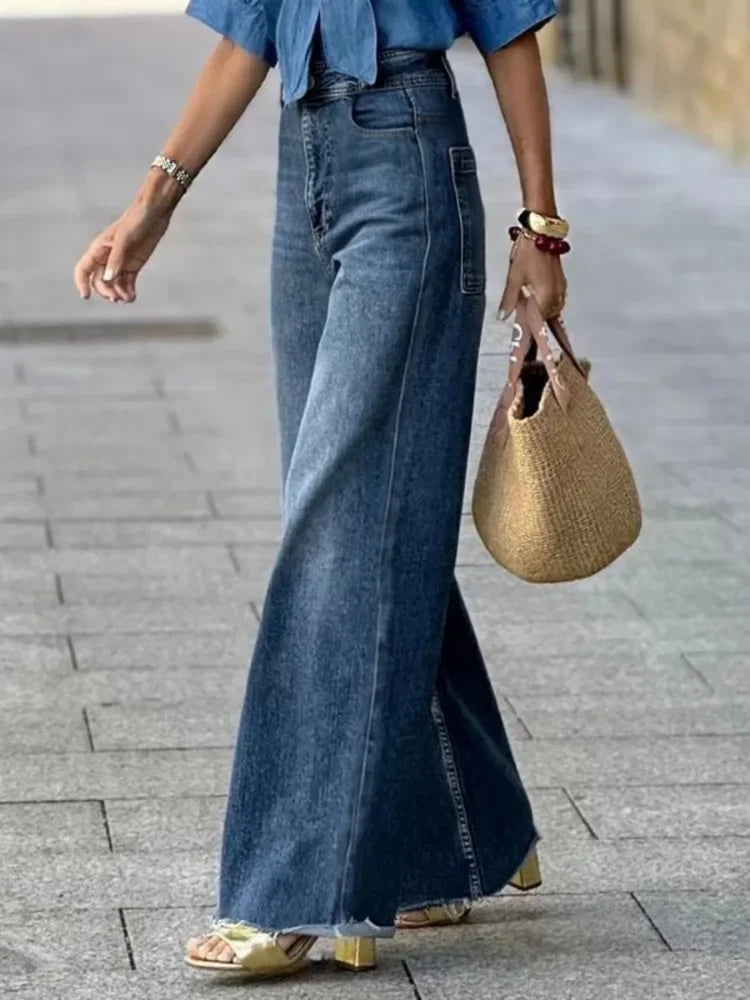 MQTIME  -  Women's Vintage Blue High Waist Jeans Autumn Full Length Urban Casual Straight Leg Denim Pants Trousers Bottoms