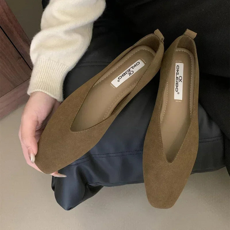 MQTIME  -  Autumn Women Flat Shoes Square Head Shallow Slip on Ladies Casual Ballet Shoes Soft Leather Elegant Ballet Mary Jane Shoes