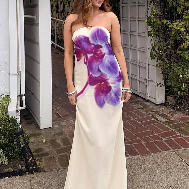 MQTIME  -  Summer New Floral Printed One-piece Robes Elegant Sleeveless Backless Slim Evening Dress Sexy Tube Top Floor-length Long Dress