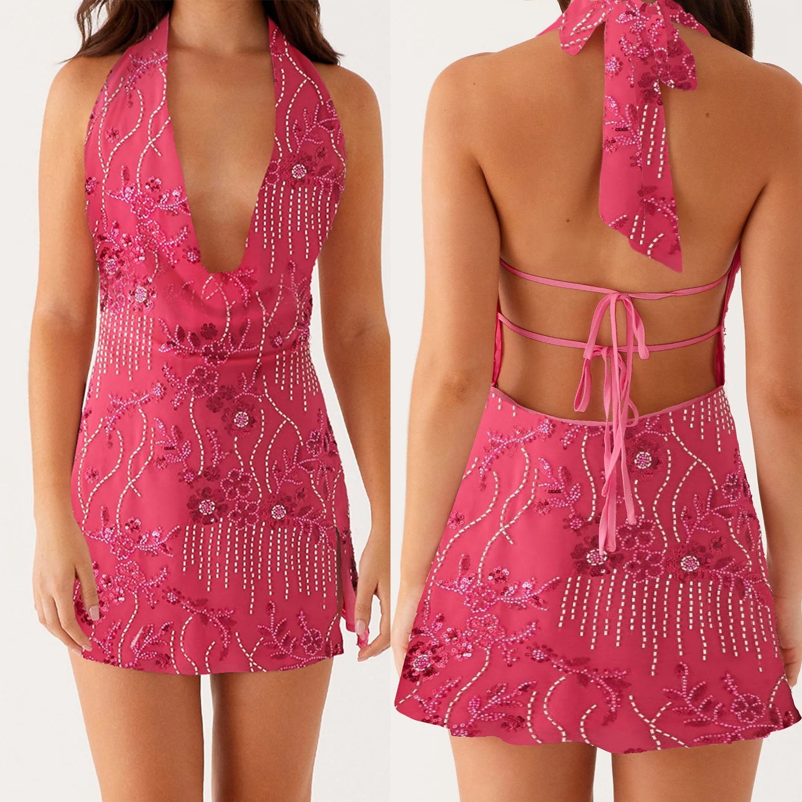 MQTIME  -  Women Sleeveless Beaded Floral Embroidery Straps Lace-up Halter Cowl V-Neck High Slit Tied Backless Mini A-line Dress