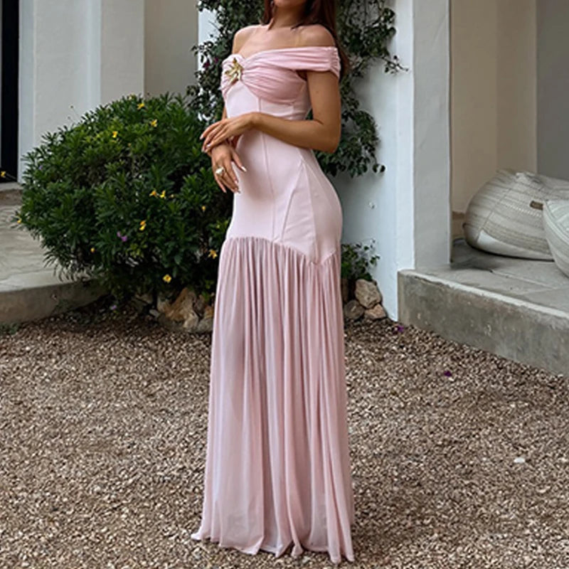 MQTIME  -  French Style Chest Floral Pure Color Spliced Dress Chic New Pleat Wrap Hips Dress Elegant Tube Top Sleeveless Banquet Long Dress