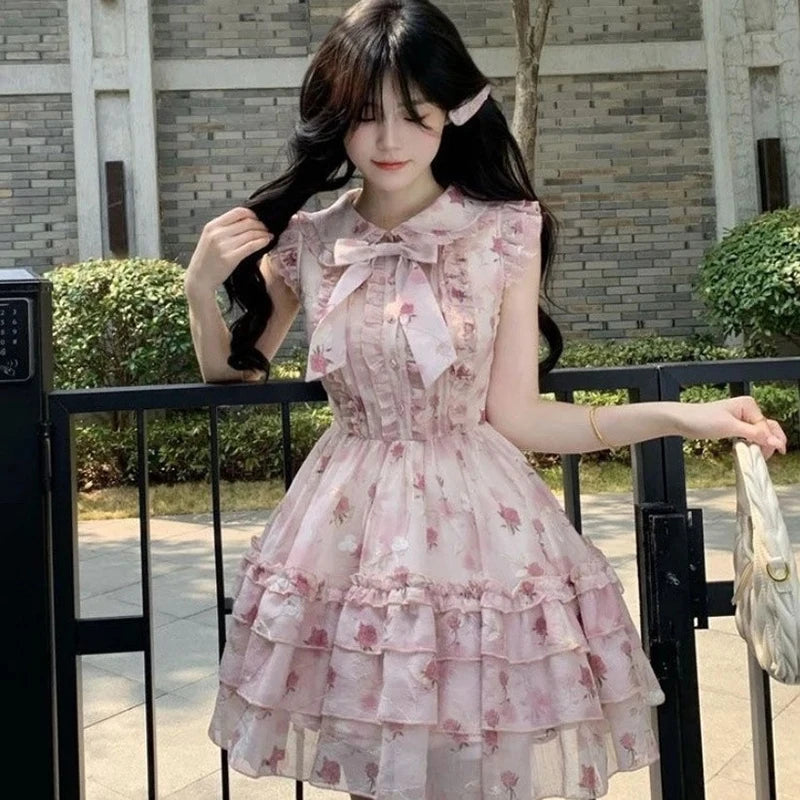 MQTIME  -   Women Floral Mini Dress French Bow Sweet Butterfly Sleeve Ball Gown Dress Summer Elegant O Neck Kawaii Female Cake Dress New