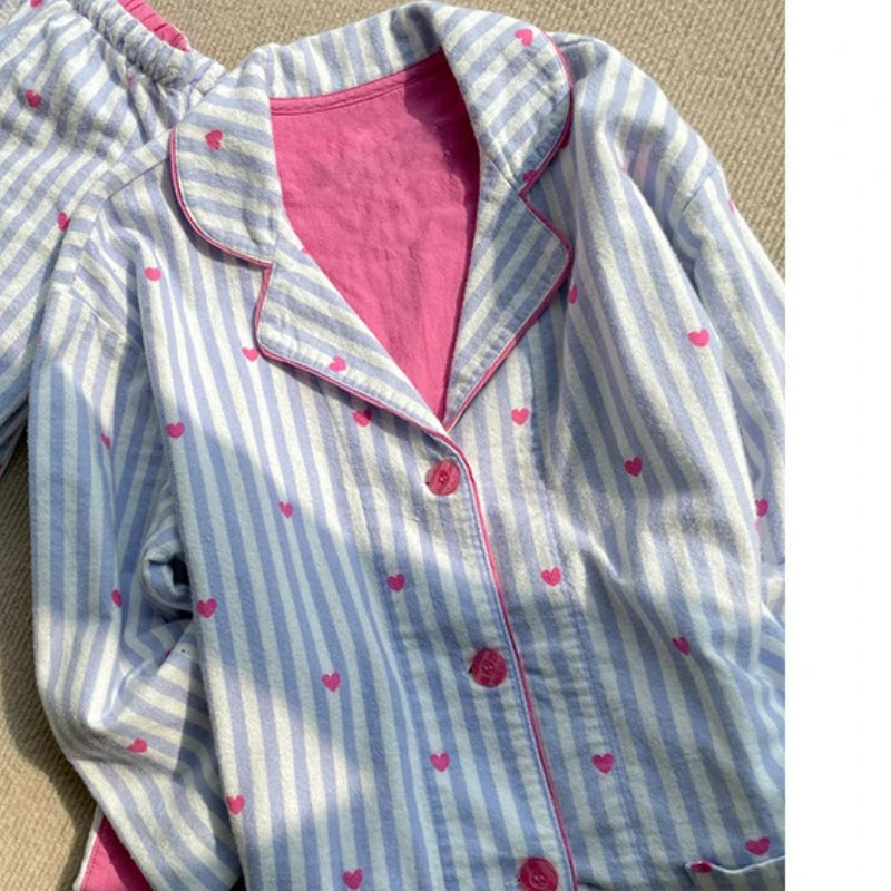 MQTIME  -  Ins Korean Version of Sweet Love Printing Striped Pajamas Women's Spring and Autumn New Long-sleeved Trousers Loungewear Set