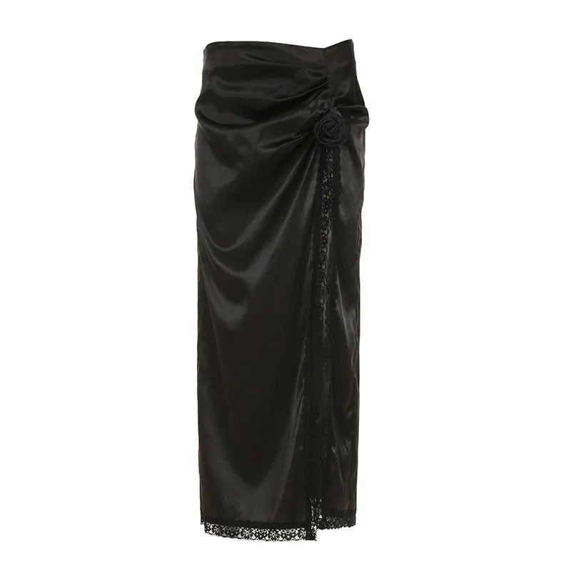 MQTIME  -  Sexy Black Lace Patchwork Maxi Skirts for Women Summer Party High Split Slim Fashion Empire Waist Dress with 3D Flower