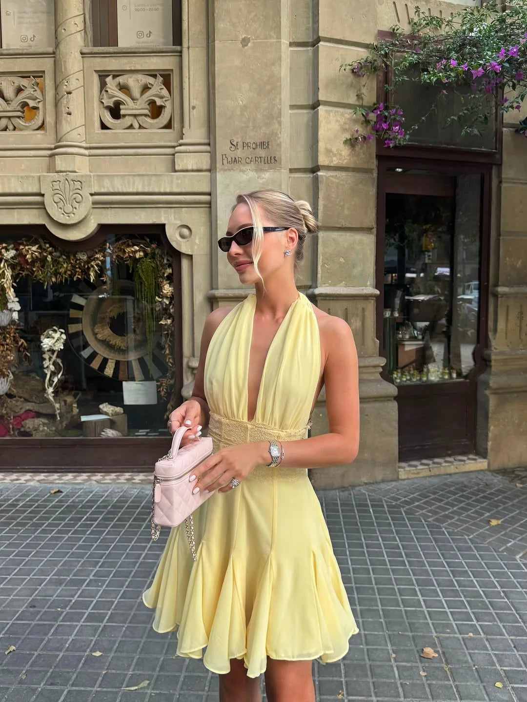 MQTIME  -   Yellow Lace Women Short Dress Sexy V Neck Halter Sleeveless Backless Party Gown Summer Chic Beach Holiday Lady Vestidos