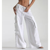 MQTIME  -  Women's Y2K Cargo Long Pants Solid Color Drawstring Elastic Low Waist Wide Leg Trousers with Multi Pockets Streetwear