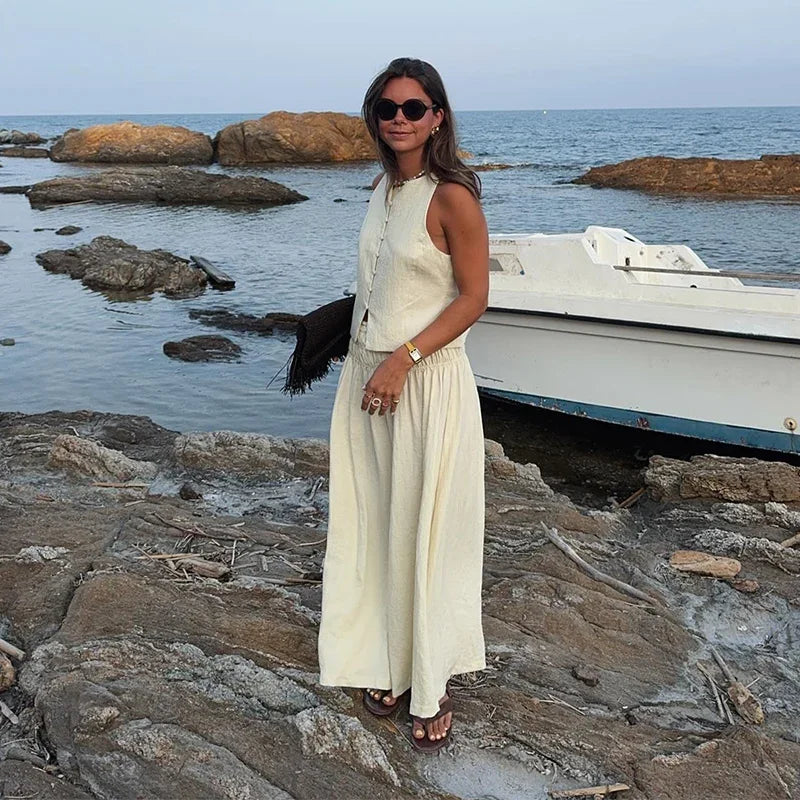 MQTIME  -  Casual Solid Vest Pleated Skirt Set Women Sleeveless Button Patchwork Tops A-line Skirts Sets Female 2025 Summer Beach Lady Suit