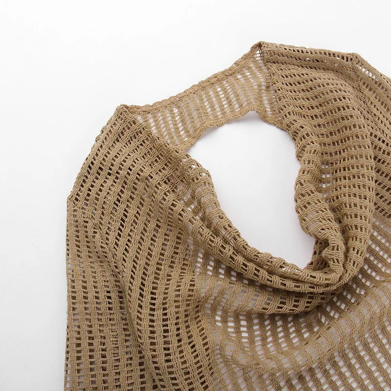 MQTIME  -  V Neck Backless Beach Mini Dress For Women Knitted Fishnet See Through  Long Sleeve Club Sexy Elastic Casual Party Vestidos