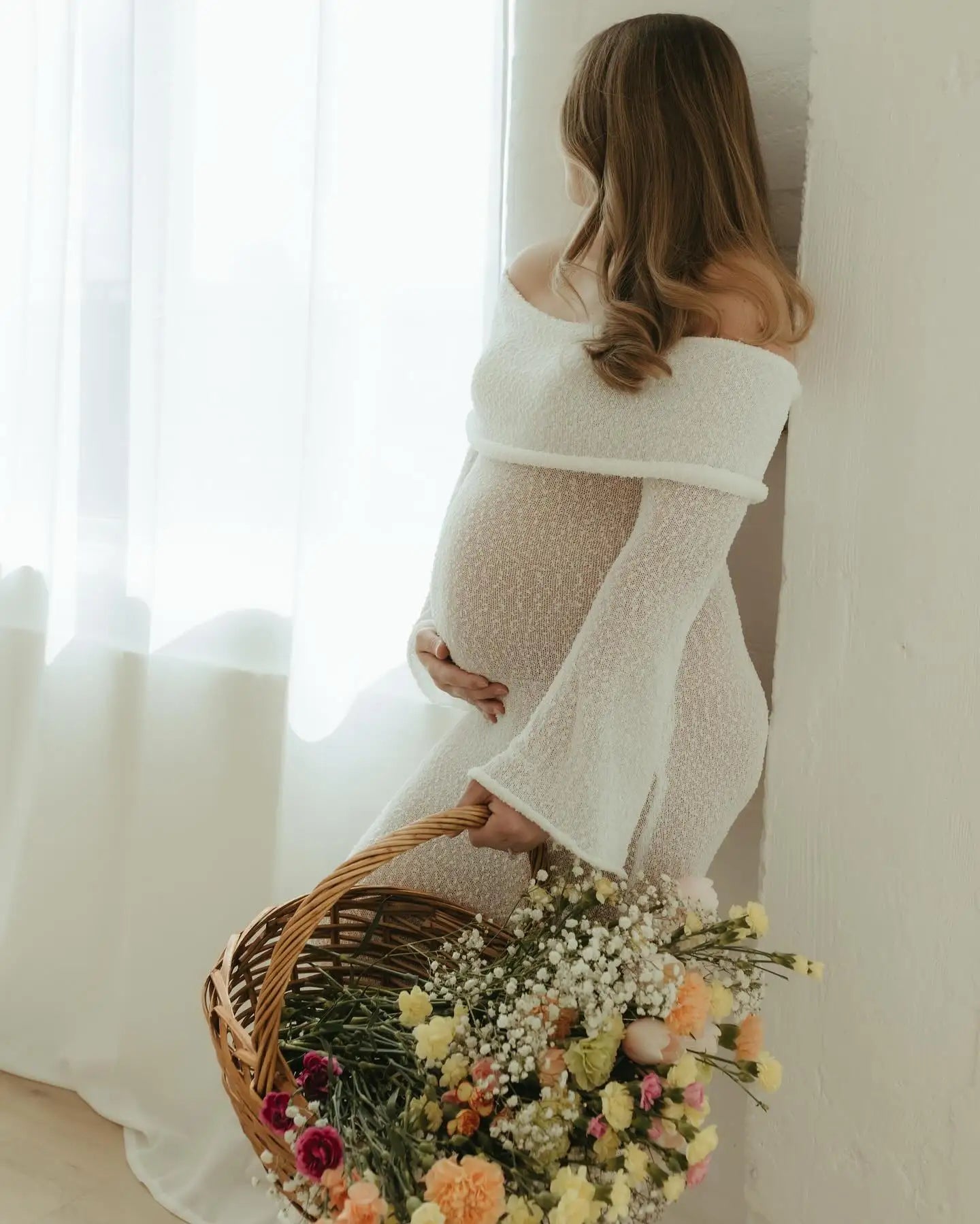 MQTIME  -   Maternity Photoshoot Dress Long Sleeve knit Off Shoulder Maxi Gown Pregnancy Pictures maternity dress photoshoot Baby Shower