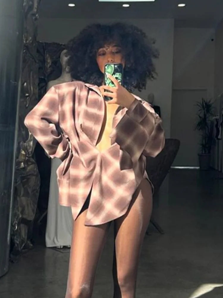 MQTIME  -  Plaid Contrast Collar Irregular Hem Jacket Women Split Single Breasted Shoulder Pads Long Sleeve Street Shirts 2025 Autumn Party