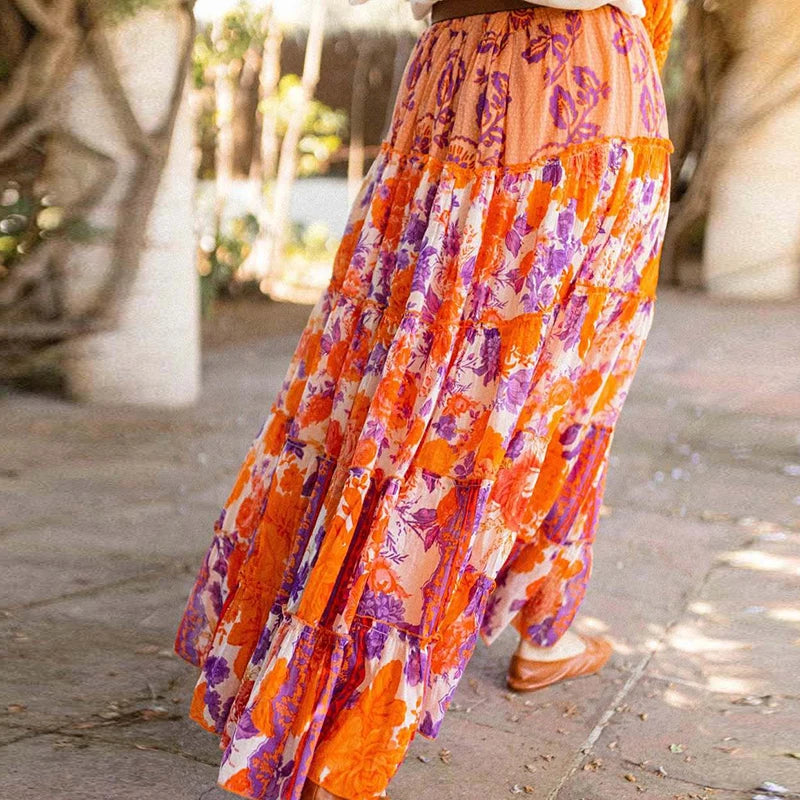 MQTIME  -  Women Elegant Floral Print Pleated Long Skirts Summer Fashion Elastic Waist Loose Chiffon Skirts Casual Ruffled Bohe Party Skirt