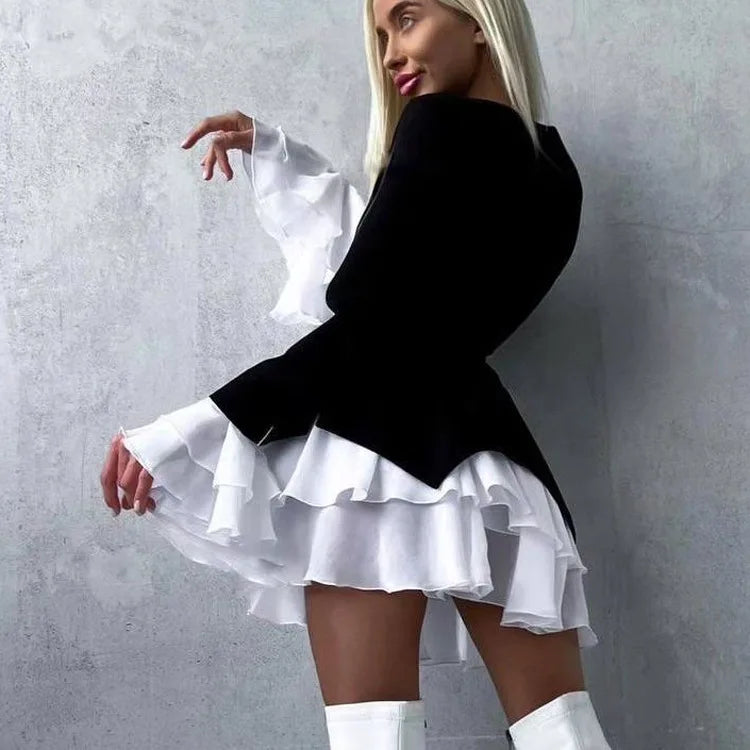 MQTIME  -  New Women's New Long Sleeved Mini Dress Sexy V-neck Fashionable Ruffle Edge Splicing Fake Two-piece Petal Sleeve Dress