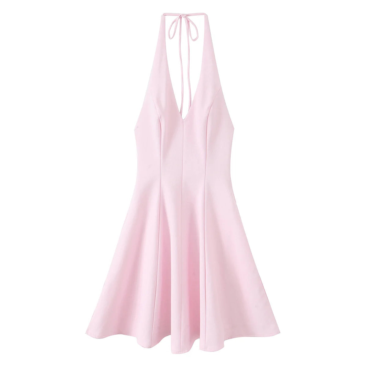 MQTIME  -  Summer New Arrivals Women's Wear Pure Color Temperament Sexy Backless Wave-Style Wide-Sleeve Halter Short Dress