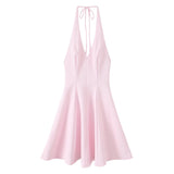 MQTIME  -  Summer New Arrivals Women's Wear Pure Color Temperament Sexy Backless Wave-Style Wide-Sleeve Halter Short Dress