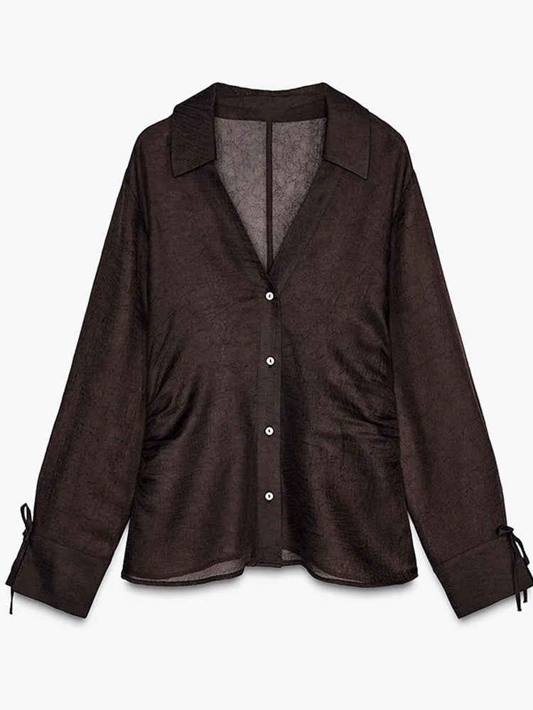 MQTIME  -  Sexy Women See-Through Shirt V-neck Long Sleeve Single Breasted Blouse 2025 Summer Autumn Fashion Street Office Lady Shirts