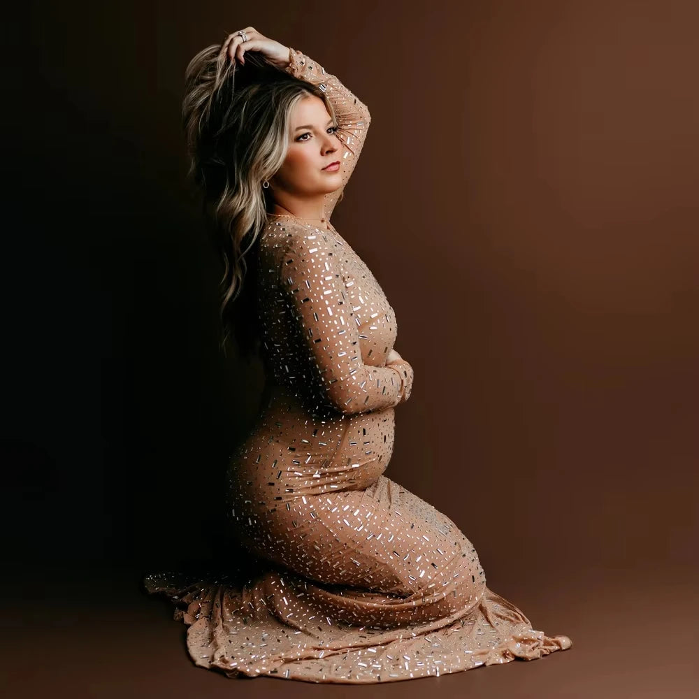 MQTIME  -   Maternity Dress Photoshoot sexy diamond Mesh See-Through Summer Dresses Pregnancy Round Neck Baby Shower Clothes Shooting Gown