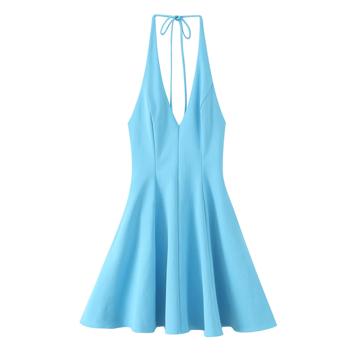 MQTIME  -  Summer New Arrivals Women's Wear Pure Color Temperament Sexy Backless Wave-Style Wide-Sleeve Halter Short Dress