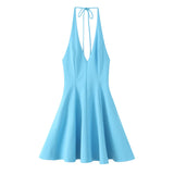 MQTIME  -  Summer New Arrivals Women's Wear Pure Color Temperament Sexy Backless Wave-Style Wide-Sleeve Halter Short Dress