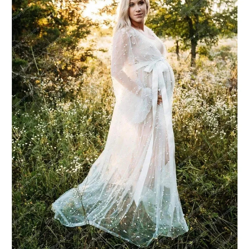 MQTIME  -  Pearl Tulle Maternity Dress Bridal Robe Maternity Photoshoot Boudoir  Long   Pregnancy Women Dresses