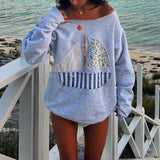 MQTIME  -  25 Autumn New Collection of European and American Women's Ocean Sailboat Patchwork Slant Shoulder One Shoulder Two Wear Hoodie