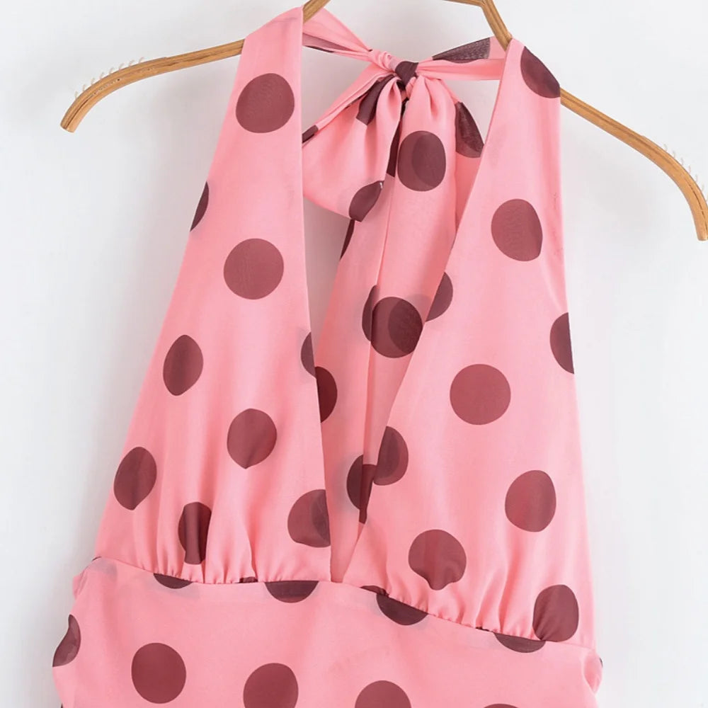 MQTIME  -  summer new women's casual fashion simple halter neck V-neck sleeveless backless polka dot long dress