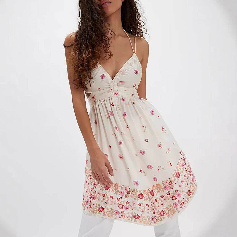 MQTIME  -  Sweet Girl Floral Print Suspender Short Dress Sexy Backless Sleeveless Club Mini Dress Elegant Hollow Out Party Dress for Women