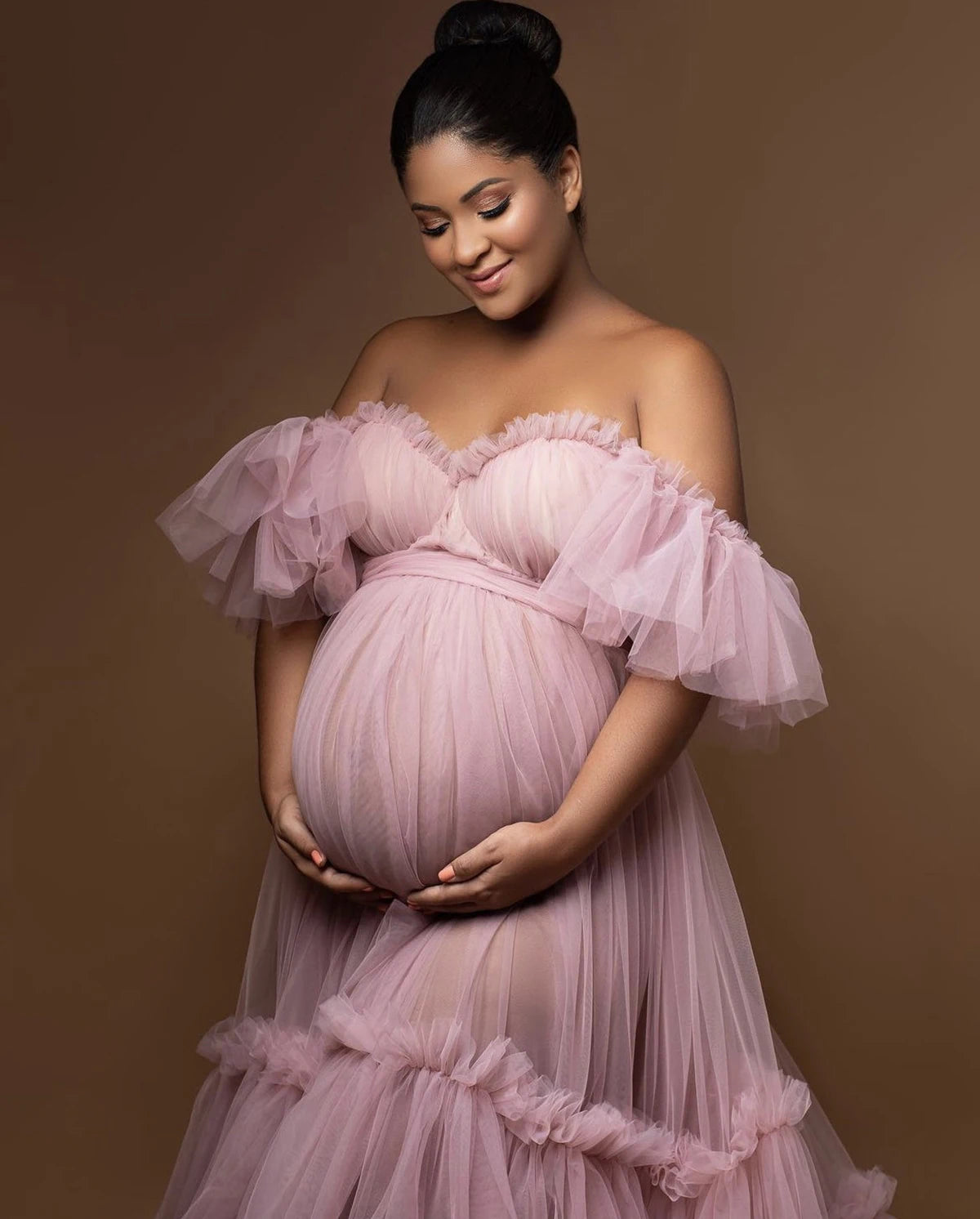 MQTIME  -  Ruffle Evening Dresses Women's Sweetheart Off Shoulder Pregnancy Bathgown Maternity Custom Made Tulle Robe for Photo Shoot