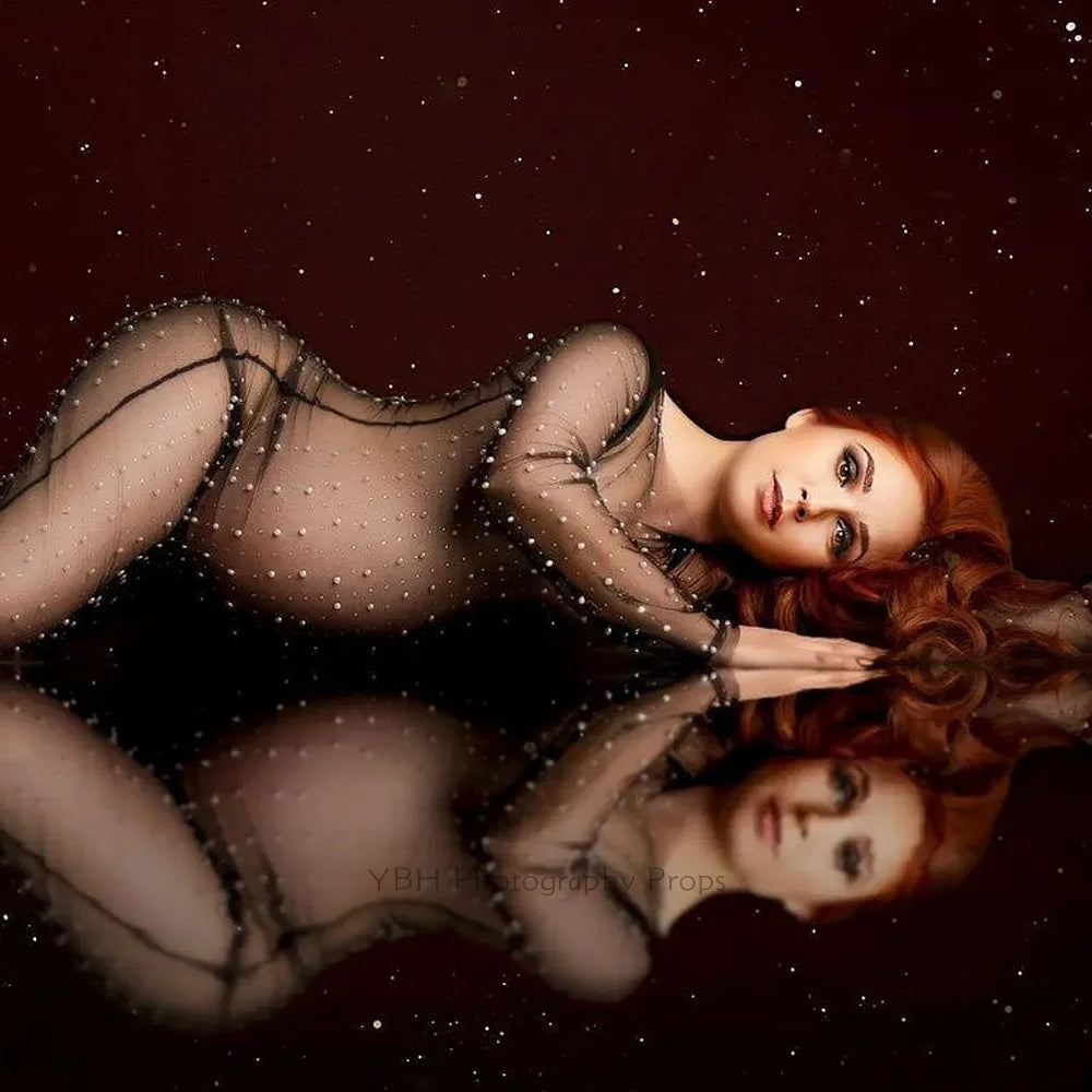 MQTIME  -  Sexy Pregnant Dress Transparent Tulle Pearl Maternity Photography Props Mesh Dress Shooting Photo Pregnancy Women Clothes