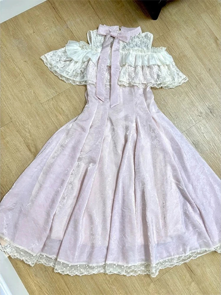 MQTIME  -  Sweet Japanese Pink Fairy Long Dresses Woman French Elegant Lace Patchwork Summer Dress Aesthetic Design Y2k Party Outfits