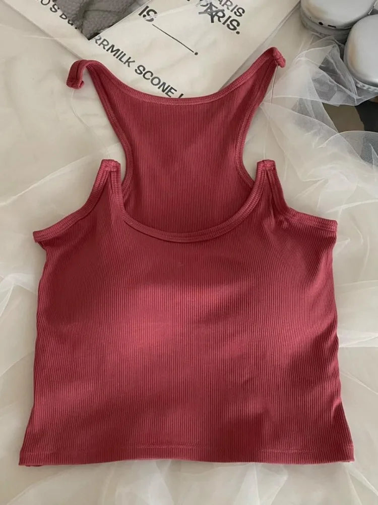 MQTIME  -  Invisible Strap Tank Top For Women Knit Ribbed Sleeveless Basic T-Shirt Cropped Corset Bustier Tops With Open Shoulder