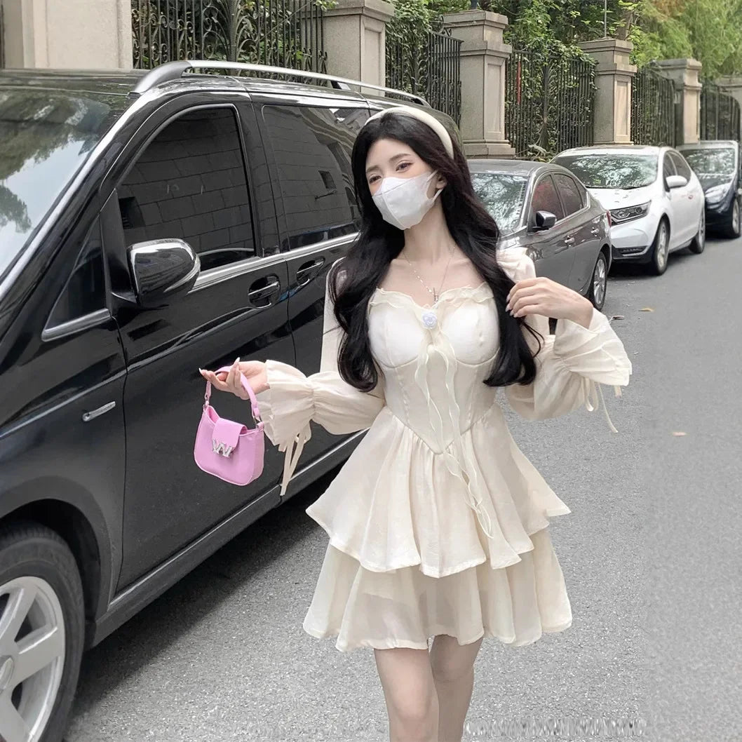 MQTIME  -  Summer plus Size Women's Dress Gentle Style Square Collar High Waist Pleated Mini Skirt Elegant Skirts Full Sleeve Other Sleeve