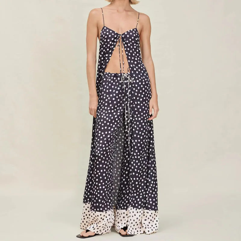 MQTIME  -  Sexy Off Shoulder Sling Tops with Pant Suit Women's Elegant Sleeveless Lace-Up Hollow 2Pc Sets Fashion Polka Dot Print Outfits