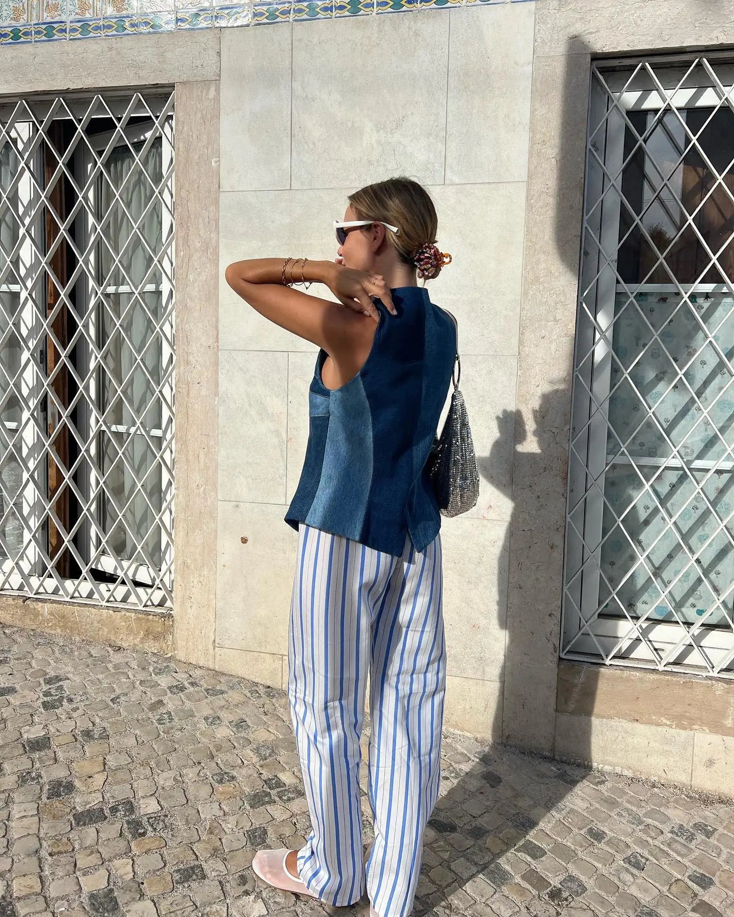 MQTIME  -  Womens Casual Cleanfit Striped Pants Elastic Low Waist Striped/Plaid Loose Aesthetic Trousers Streetwear with Pockets