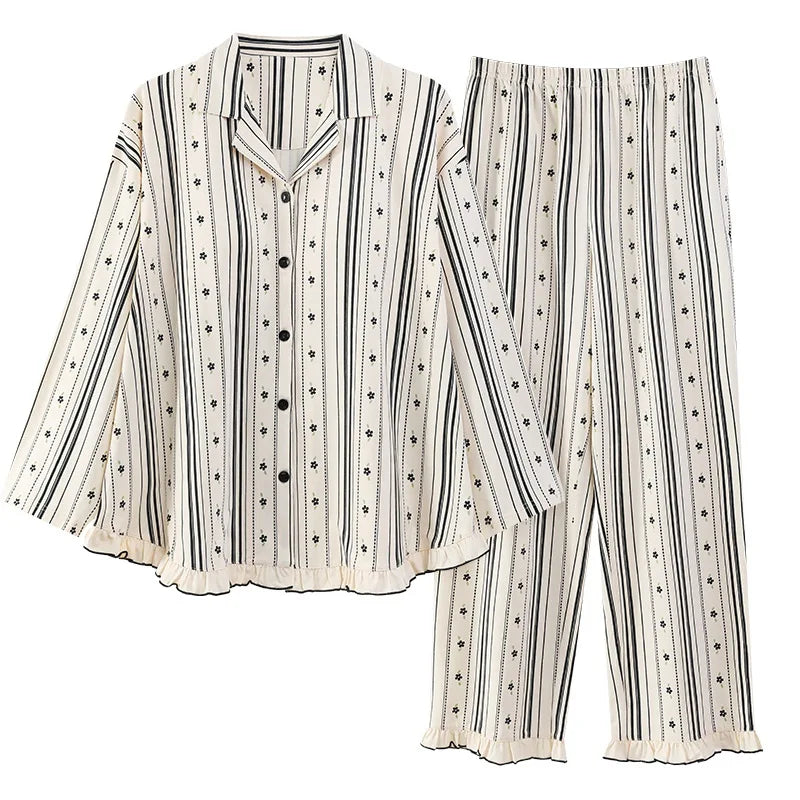 MQTIME  -  Women Spring Autumn and Winter Pure Cotton Long-sleeved Striped Lace Lapel High-end Light Luxury Loungewear Set Comfort