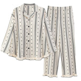 MQTIME  -  Women Spring Autumn and Winter Pure Cotton Long-sleeved Striped Lace Lapel High-end Light Luxury Loungewear Set Comfort