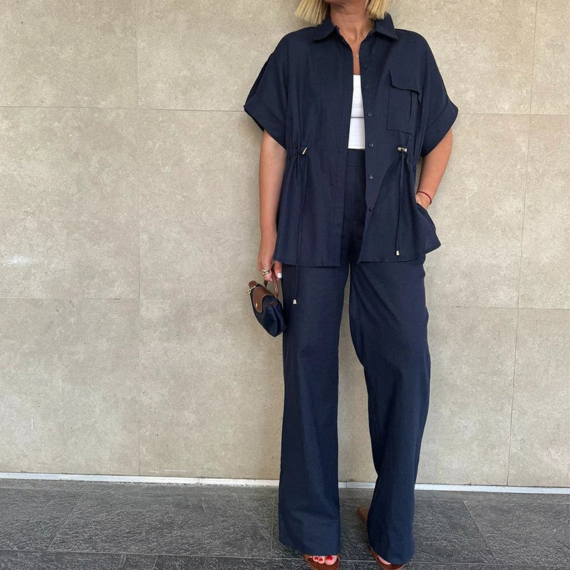 MQTIME  -  Summer Elegant Button Wide Leg Suit Casual Short Sleeve Shirt & Long Pant Outfits Women Fashion Lapel Solid Loose 2Pc Sets