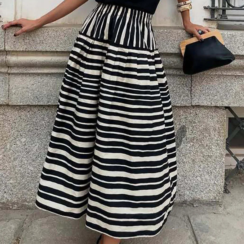 MQTIME  -  Spring Fall Casual Big Swing Party Skirt Fashion Striped Printed Half Skirt For Women Elegant Hight Waist Draped Bohe Long Skirt