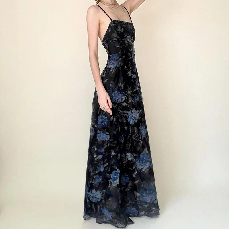 MQTIME  -  Retro printed cross backless mesh double-layer camisole skirt, sexy sexy slit waist long skirt for spicy girls